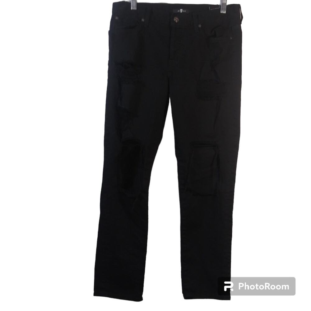 7 For All Mankind Black Distressed Ripped Stretch Ankle Jeans Size 27